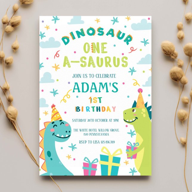 First 1st Birthday Green & Blue Dinosaur Party Invitation (Creator Uploaded)