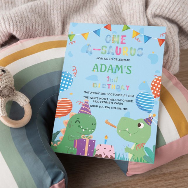 First 1st Birthday Green Dinosaur & Cake Invitation (Creator Uploaded)