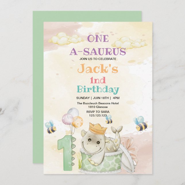 First 1st Birthday Green Dinosaur Watercolor  Invitation (Front/Back)