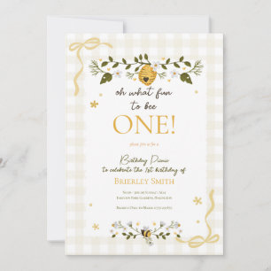 First 1st Birthday Honey Bee Gingham Bows Invitation