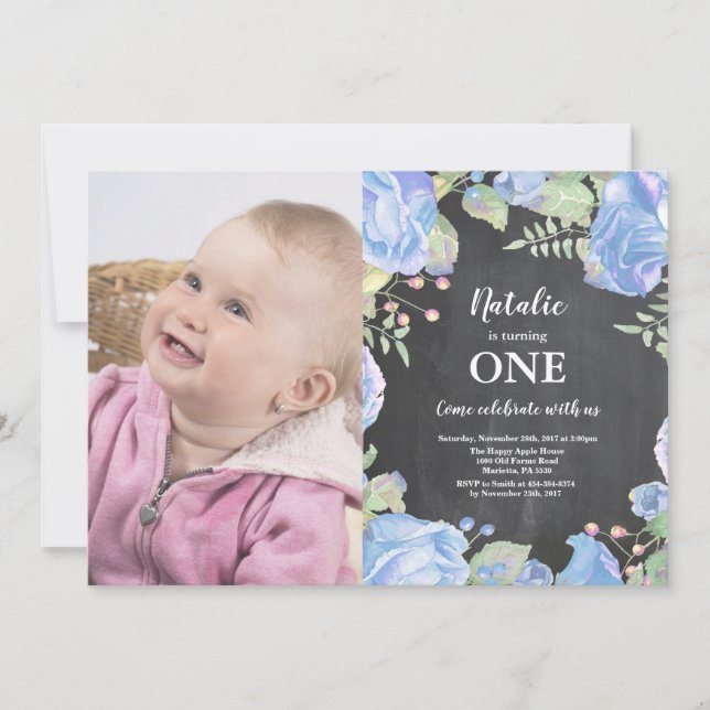 First 1st Birthday Invitation Blue Floral (Front)