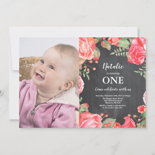 First 1st Birthday Invitation Botanical Red Floral (Front)