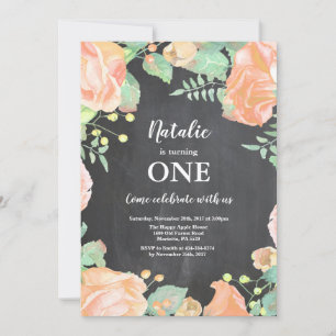 First 1st Birthday Invitation Peach Floral