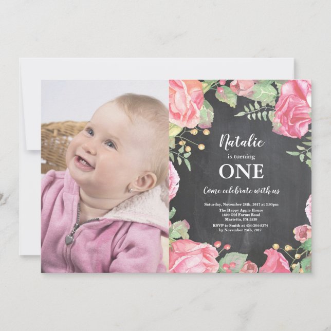First 1st Birthday Invitation Pink Floral (Front)