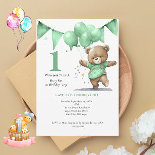 First 1st Birthday Party Baby Boy Bear Balloons  Invitation