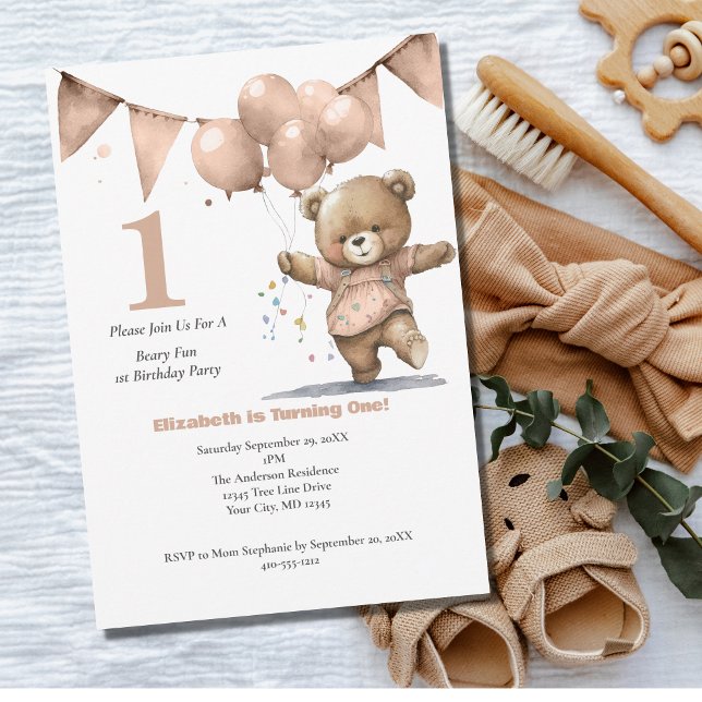 First 1st Birthday Party Baby Girl Bear Balloons  Invitation (Creator Uploaded)