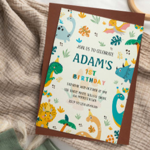 First 1st Birthday Party Dinosaur background Brown Invitation