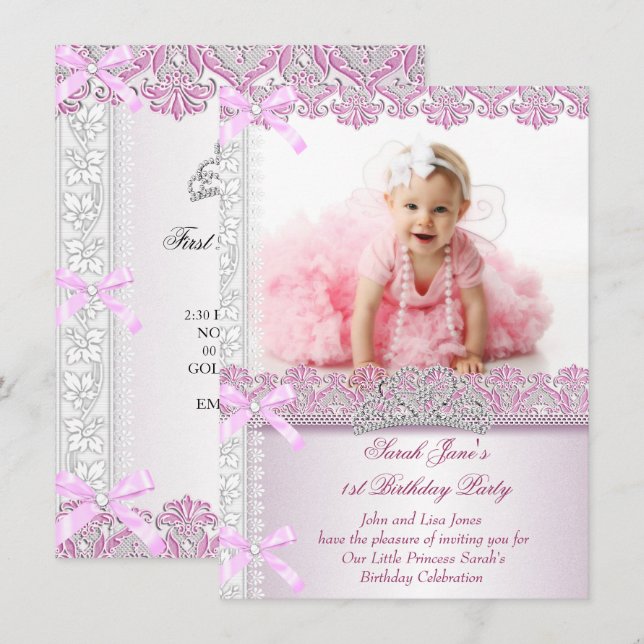 First 1st Birthday Party Girls Princess Pink Photo Invitation (Front/Back)