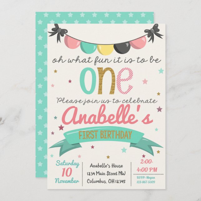First 1st Birthday Party Invite for little girls (Front/Back)