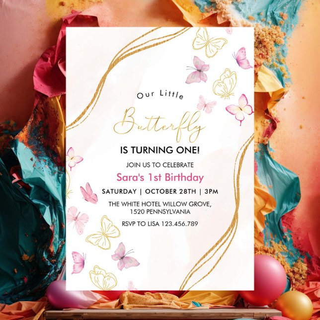 First 1st Birthday Pink and Gold Butterfly Theme Invitation (Creator Uploaded)
