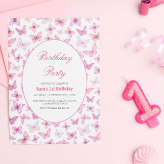First 1st Birthday Pink and purple Butterflies Invitation