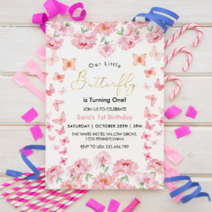 First 1st Birthday Pink Butterfly & Flower Invitation