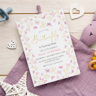 First 1st Birthday Pink & Gold Butterflies Invitation
