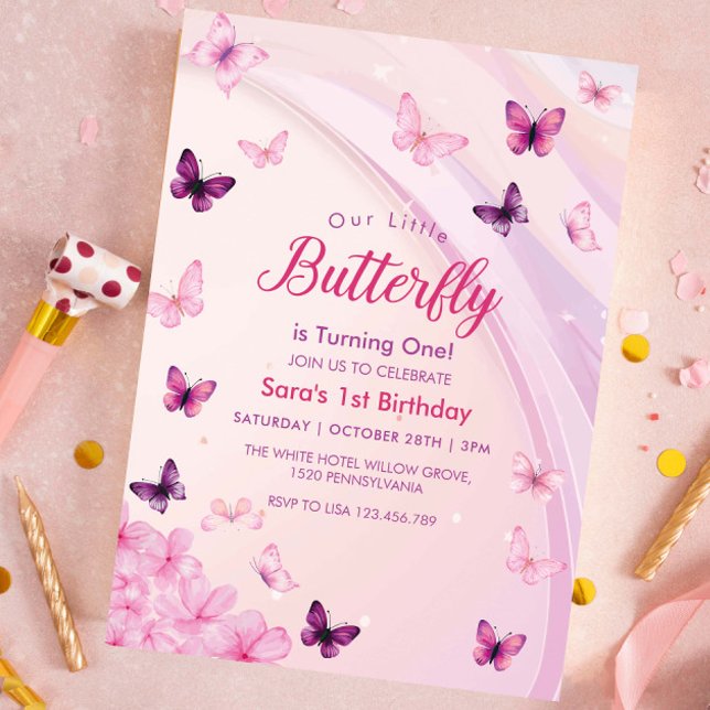 First 1st Birthday Pink & purple Butterflies Party Invitation (Creator Uploaded)