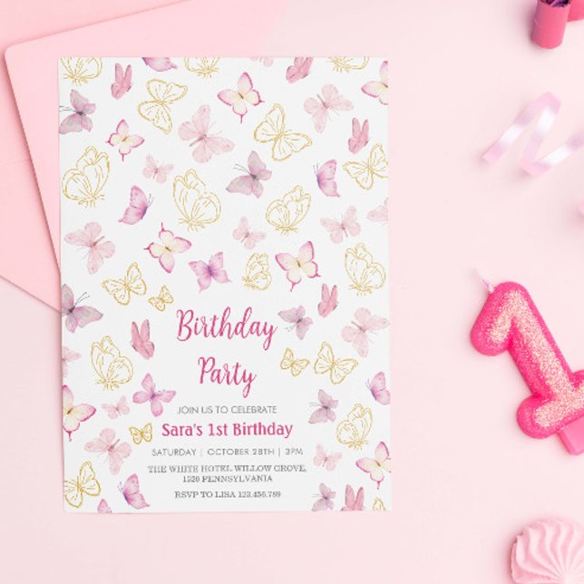 First 1st Birthday Pink Watercolor Butterfly Invitation (Creator Uploaded)