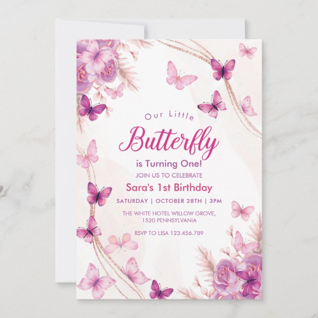 First 1st Birthday Purple Floral Butterflies Girl Invitation (Front)