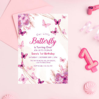 First 1st Birthday Purple Floral Butterflies Party Invitation
