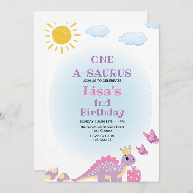 First 1st Birthday Queen Dinosaur Watercolor  Invitation (Front/Back)