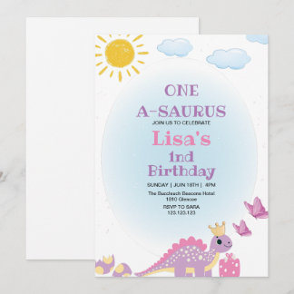 First 1st Birthday Queen Dinosaur Watercolor Invitation