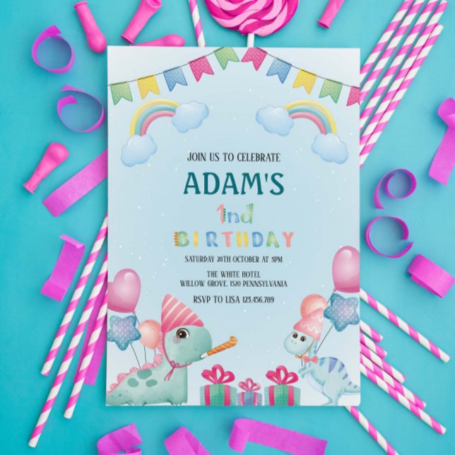 First 1st Birthday Rainbow & Green Dinosaur Invitation (Creator Uploaded)