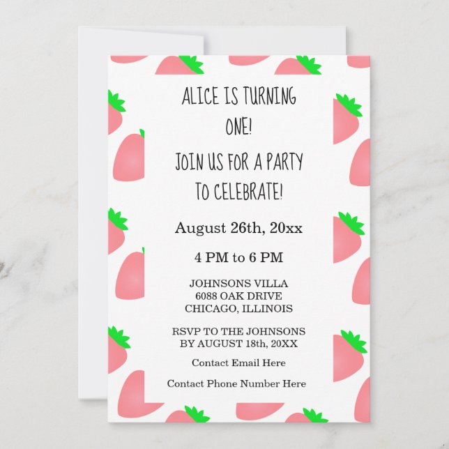 First 1st Birthday Strawberry Pink Baby Girl 2024 Invitation (Front)