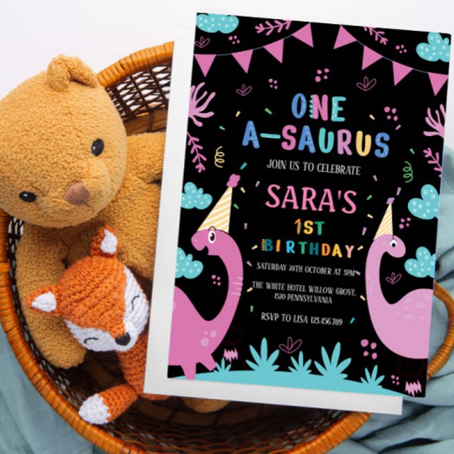 First 1st Black Birthday Pink Dinosaur Invitation (Creator Uploaded)