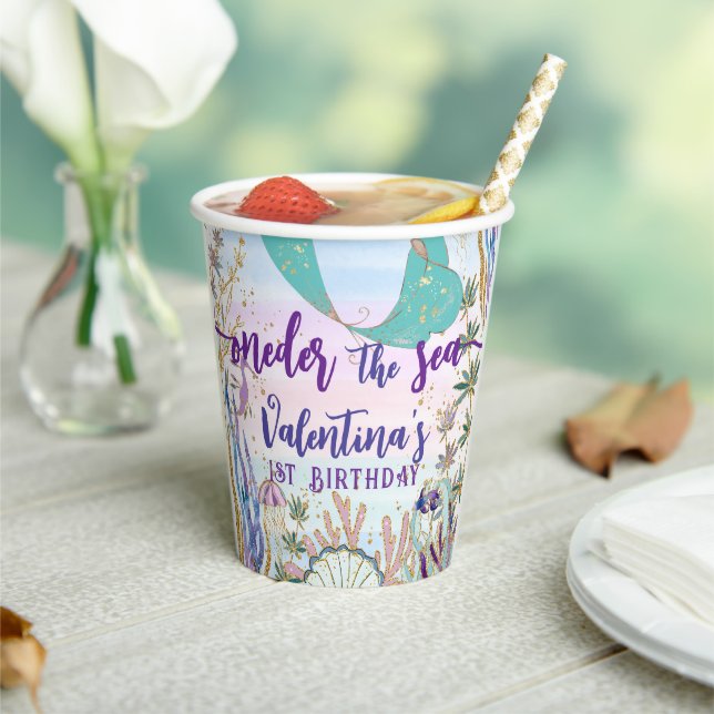 First 1st ONEder the Sea Birthday Mermaid Glitter Paper Cups (Insitu)