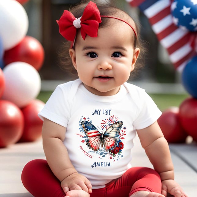 First 4th of July American Flag Butterfly Name Baby Bodysuit (First 4th of July American Flag Butterfly Name Baby Bodysuit)