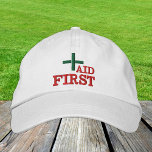First Aid embroidered baseball cap Green / White<br><div class="desc">Embroidered Hats: Classic baseball cap with text "FIRST AID" for first aiders,  help staff,  event organizers,  medical staff</div>