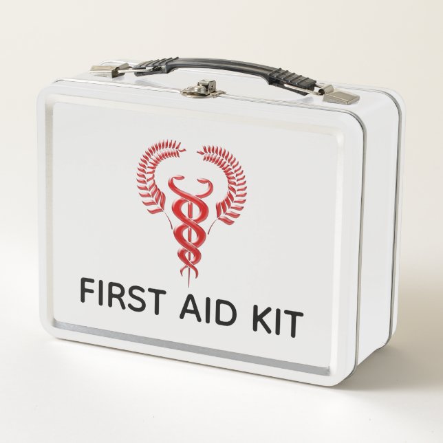 First aid red caduceus medical symbol emergency metal lunch box (Front)