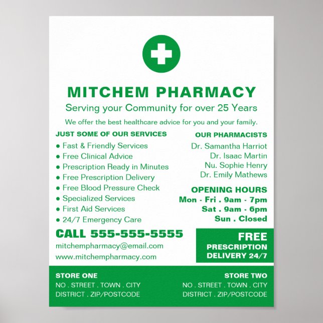 First Aid Symbol, Pharmacy, Pharmacists Advert Poster (Front)
