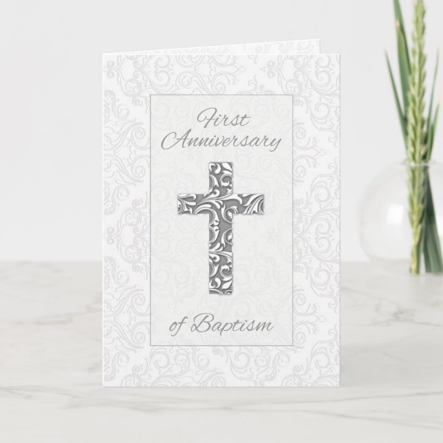 First Anniversary Baptism Blessings Cross Swirls Card (Front)