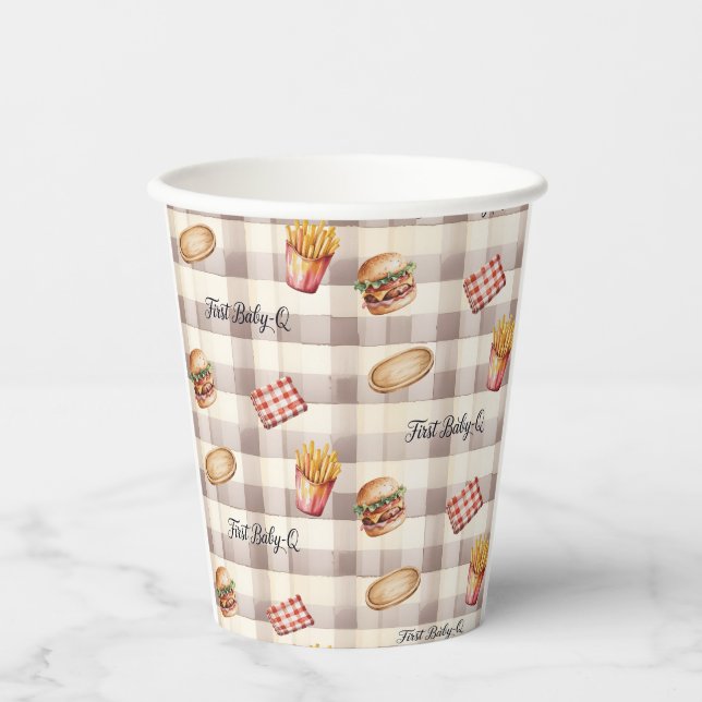 First Baby-Q Gingham Pattern BBQ Picnic Birthday Paper Cups (Front)