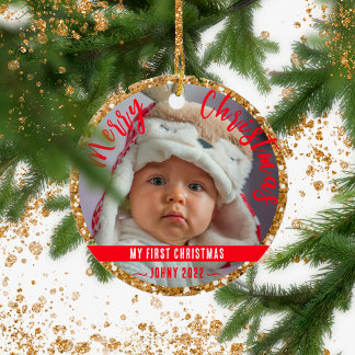 First baby's Christmas gold glitter Ceramic Tree Decoration