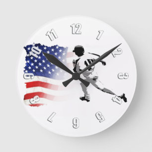 First Base Run - Baseball Player and US Flag Round Clock