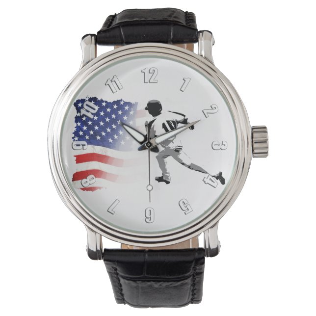 First Base Run - Baseball Player and US Flag  Watch (Front)