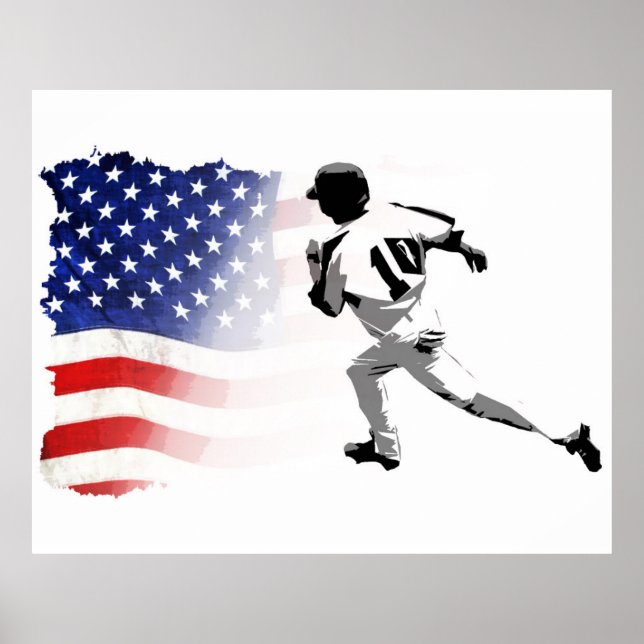 First Base Run- Baseball Player and USA Flag   Poster (Front)