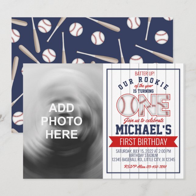 First Baseball Birthday Invitation with photo (Front/Back)