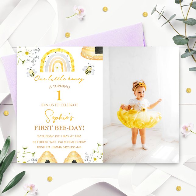 First Bee Day Bumble Bee Girls Photo Birthday  Invitation (Creator Uploaded)