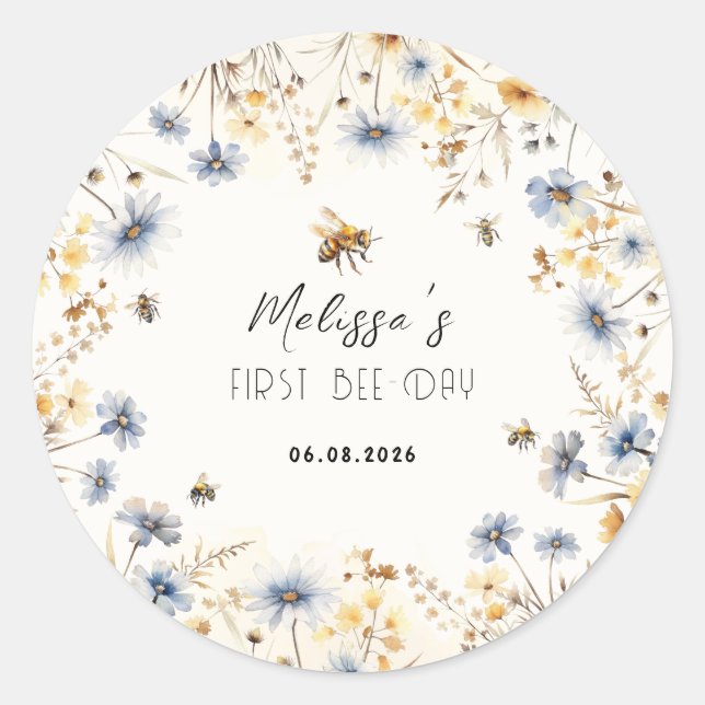First Bee Day - Floral 1st Birthday  Classic Round Sticker (Front)