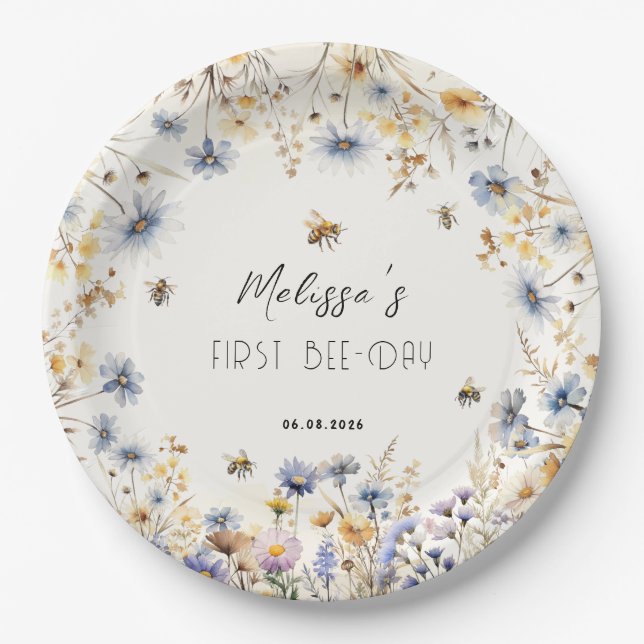 First Bee Day - Floral 1st Birthday  Paper Plate (Front)
