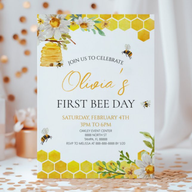 First Bee Day Floral Honey Bee 1st Birthday Party Invitation (Creator Uploaded)