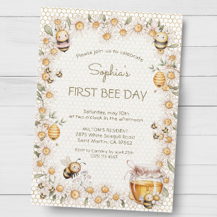 First BEE day Honey Bees Daisy Flowers Birthday Invitation