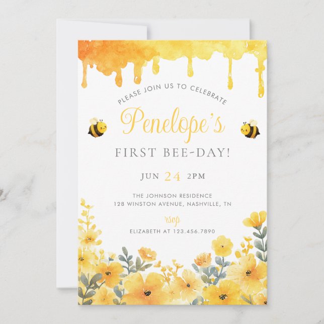 First Bee Day Yellow Wildflowers 1st Birthday Invitation (Front)