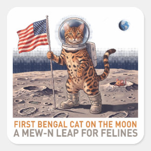 First Bengal Cat on the Moon - Retro Space Feline Square Sticker
