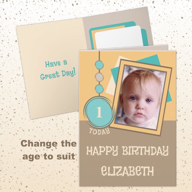 First birthday 1 today name photo brown orange card (Creator Uploaded)