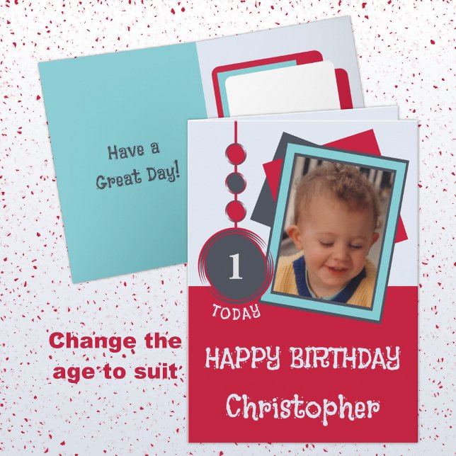 First birthday 1 today name photo red grey card (Creator Uploaded)