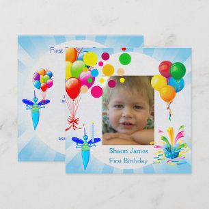 First Birthday 1st Boy Blue Balloons Bug Invitation
