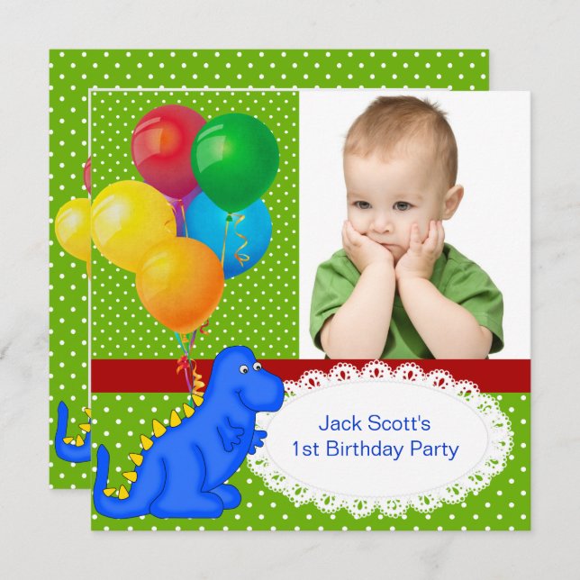 First Birthday 1st Dinosaur Green Blue Boy Invitation (Front/Back)