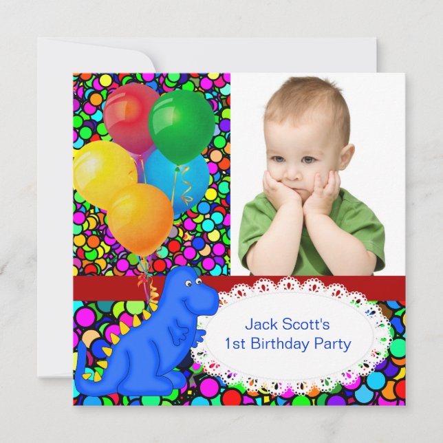 First Birthday 1st Dinosaur Red Green Blue Boy Invitation (Front)